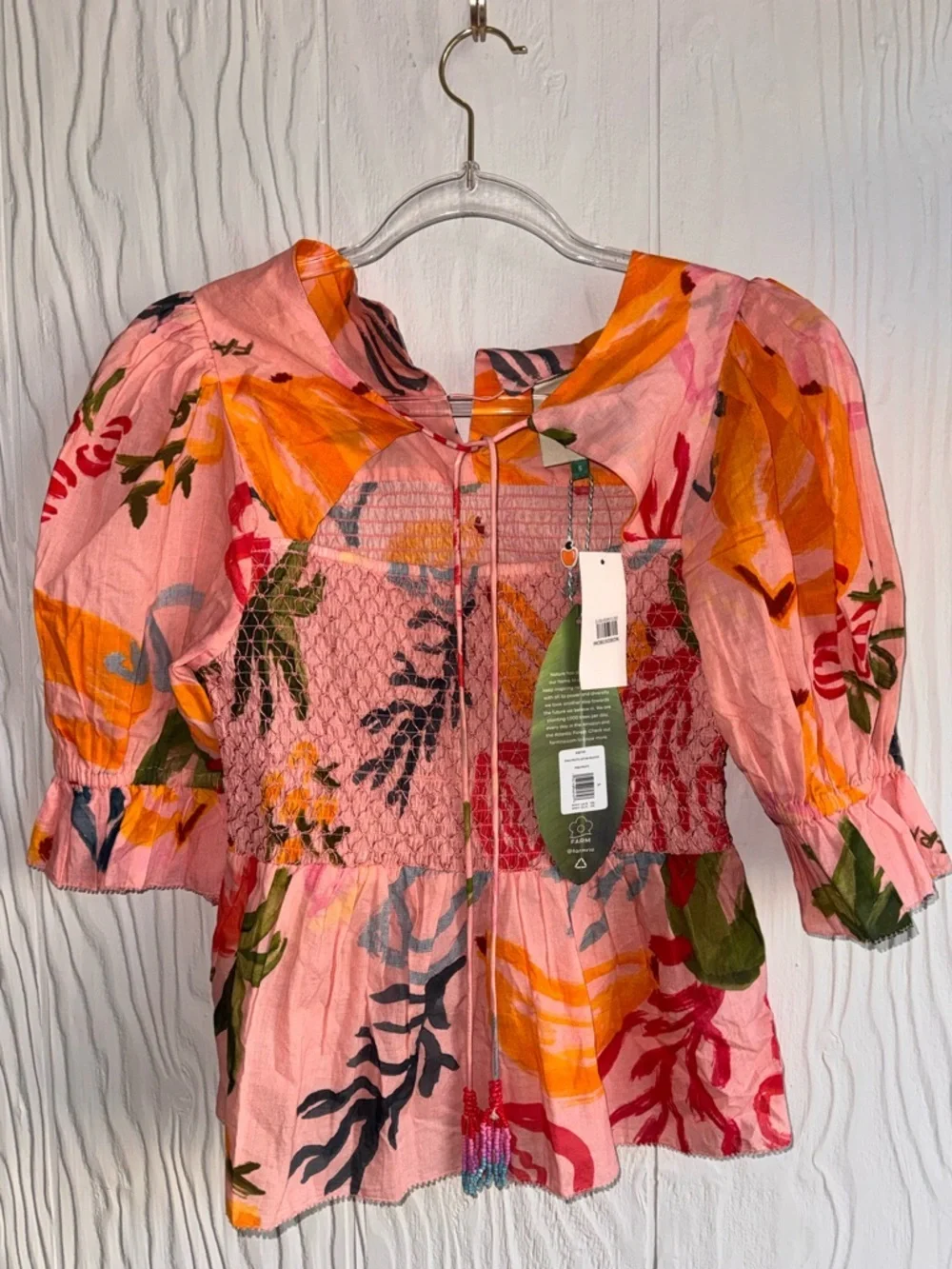 FARM Rio PINK FRUITS OCEAN BLOUSE Floral Smocked Puff-Sleeve Peplum Sz: Small
